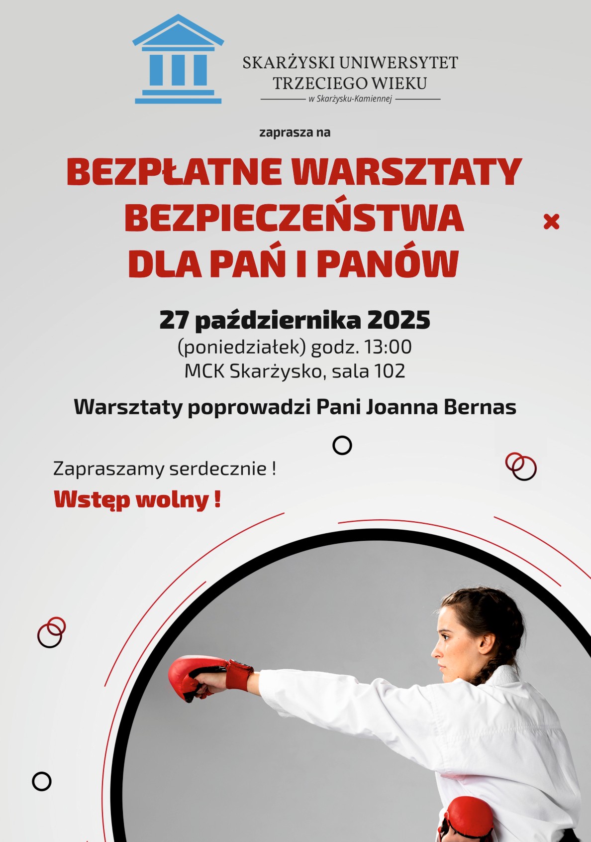 plakat reklamujący warsztaty samoobrony dla słuchaczy SUTW
