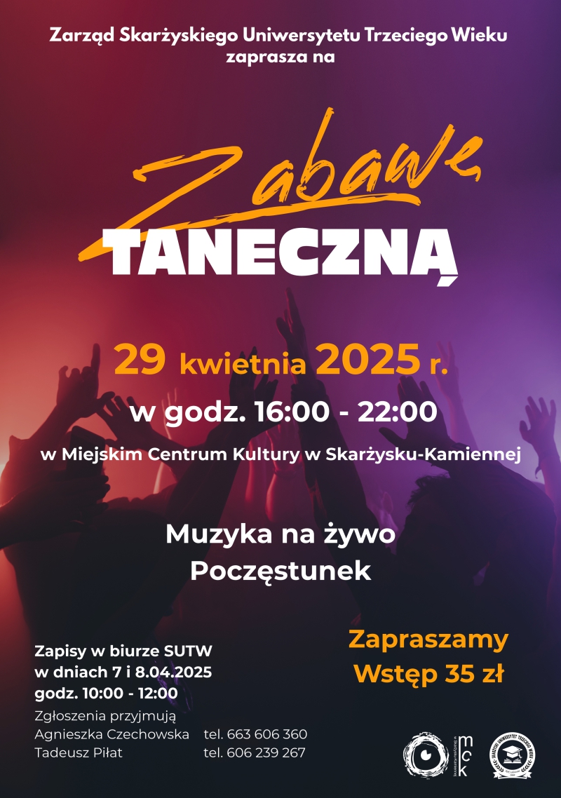 Plakat reklamujący zabawę taneczną UTW 29.04.2025